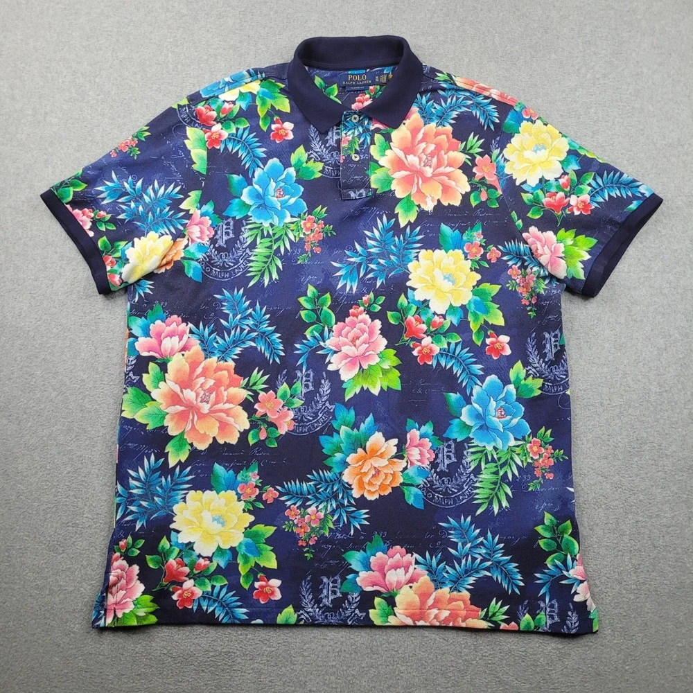 Polo Ralph Lauren Polo Shirt Mens XL Navy Blue Floral Classic Fit Short Sleeve